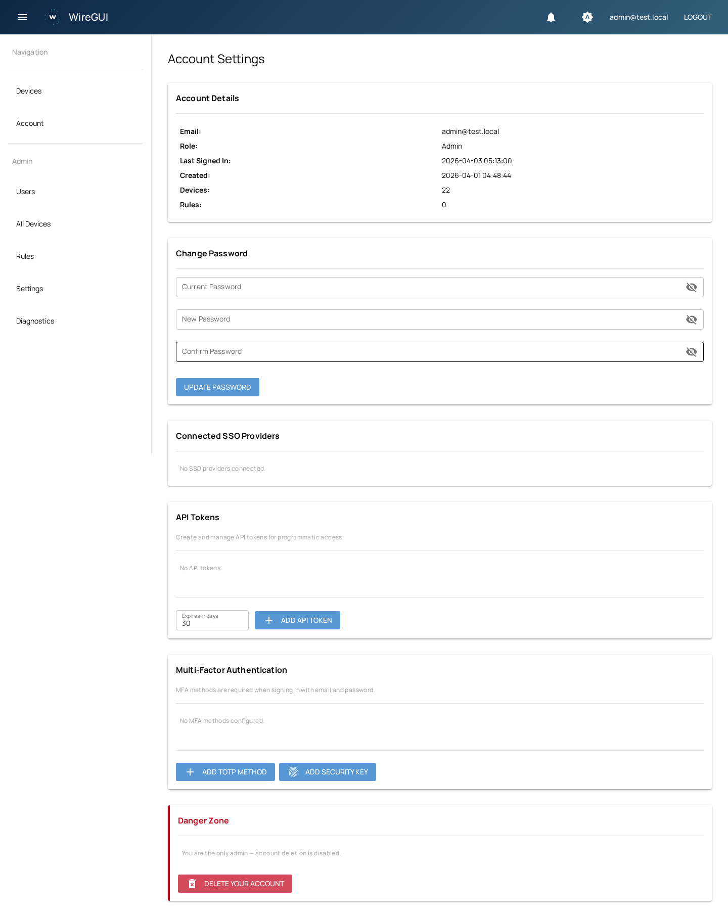 Account settings with password, SSO, API tokens, and MFA