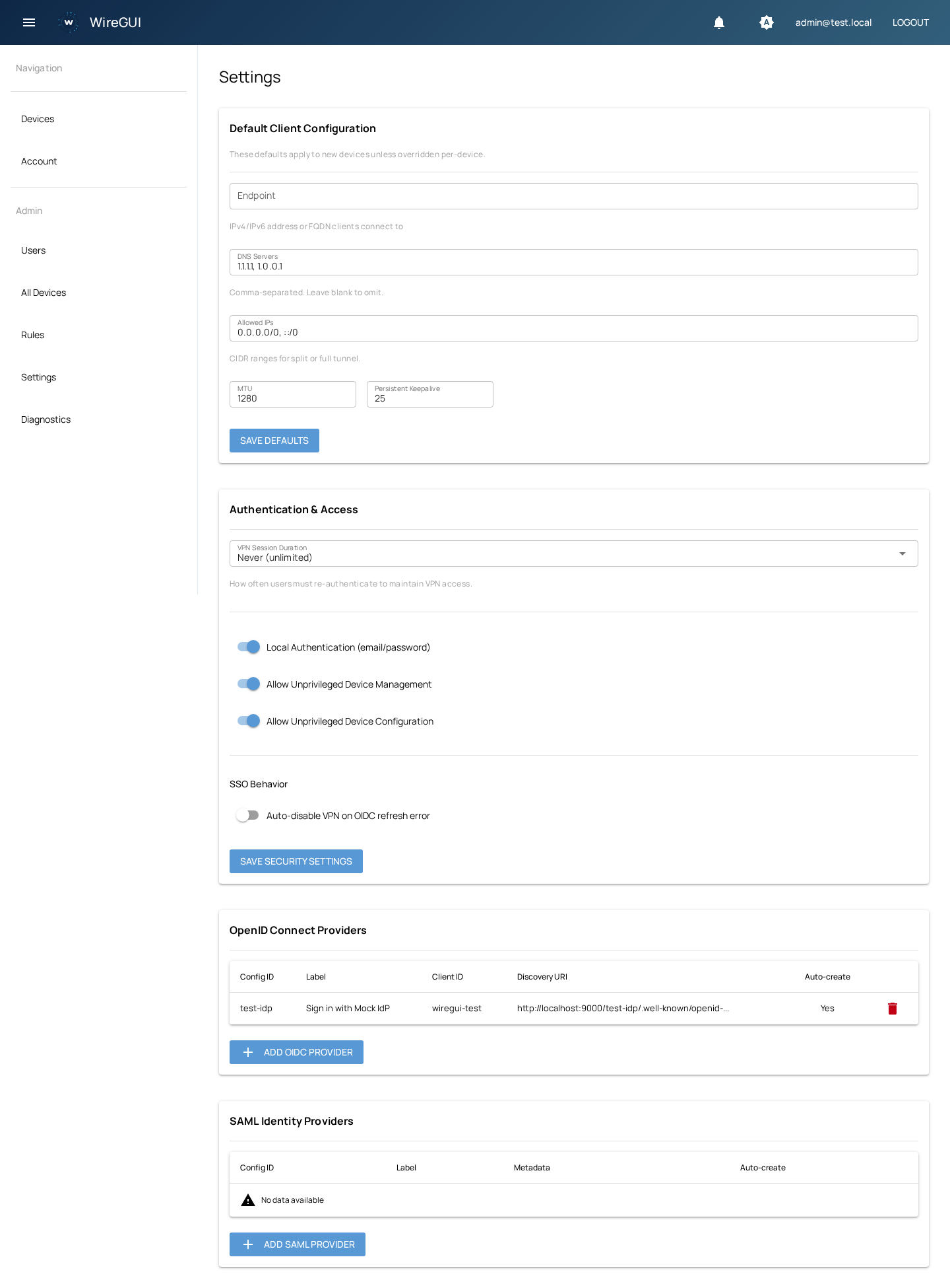 Settings page with client defaults, auth config, and IdP management