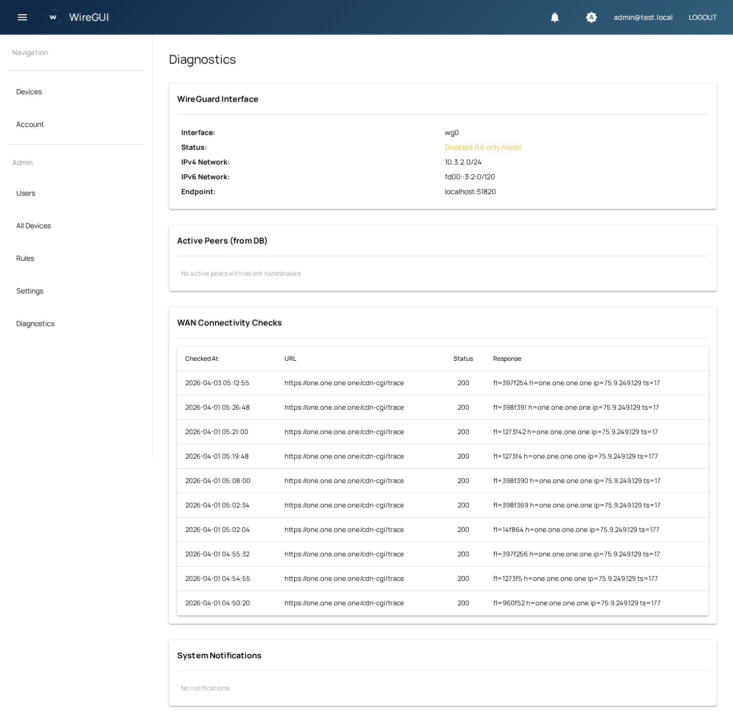 Diagnostics showing WireGuard interface status and connectivity checks